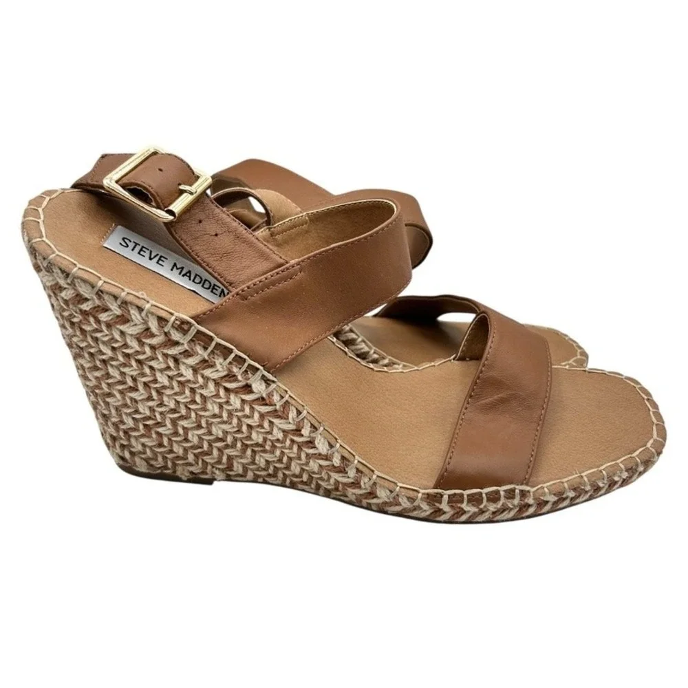 Steve Madden Women Tan‎ Leather Espadrille Wedge Sandals Ankle Strap Size 11M